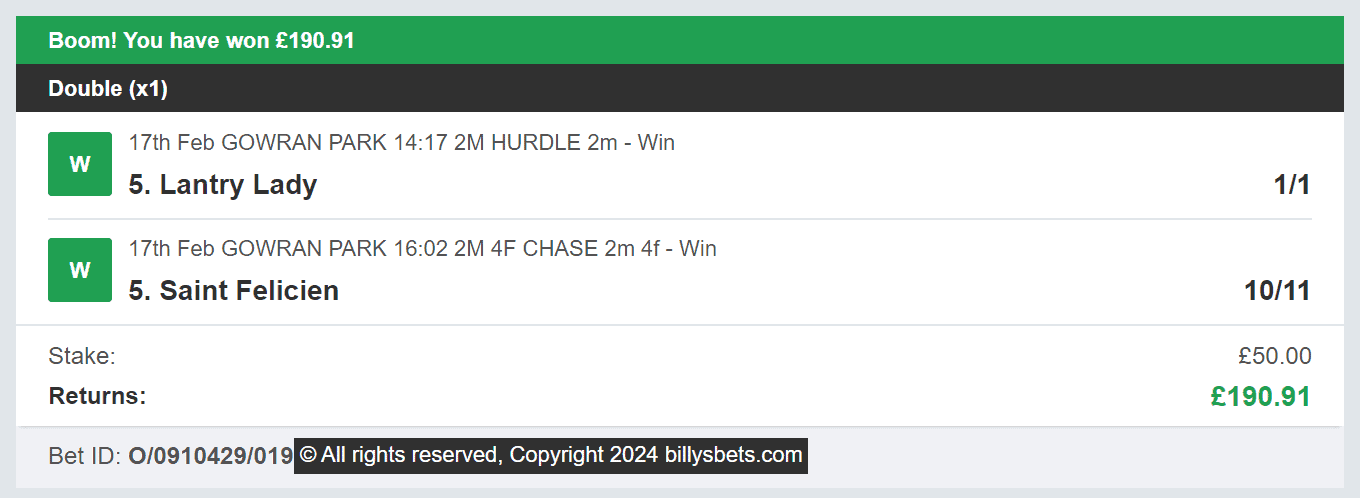 Billys Bets - Winner - 2024-02-17