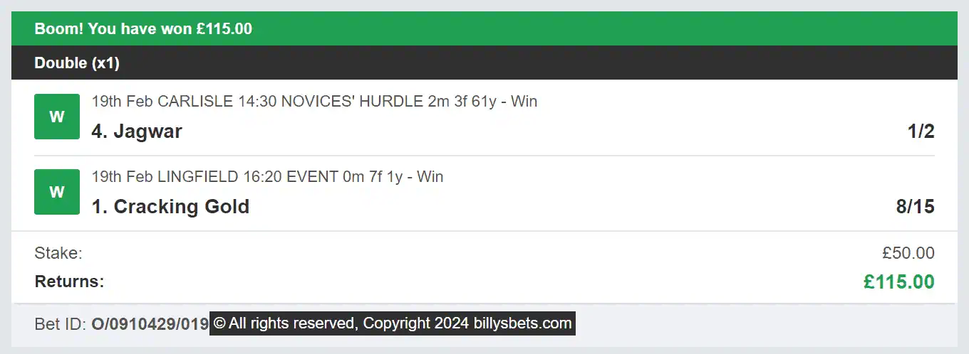 Billys Bets - Winner - 2024-02-19