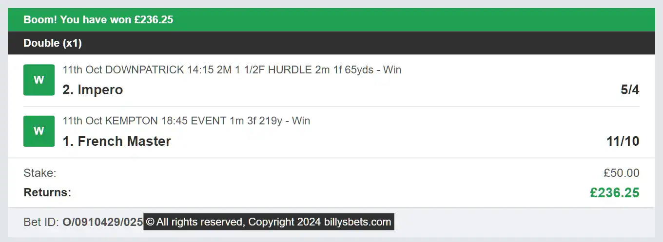 Billys Bets - Winner - 2024-10-11